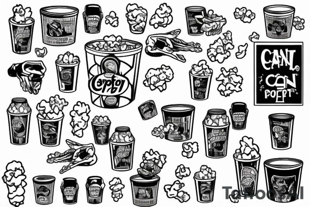 can of sprite with legs and hands eating popcorn tattoo idea