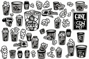 can of sprite with legs and hands eating popcorn tattoo idea