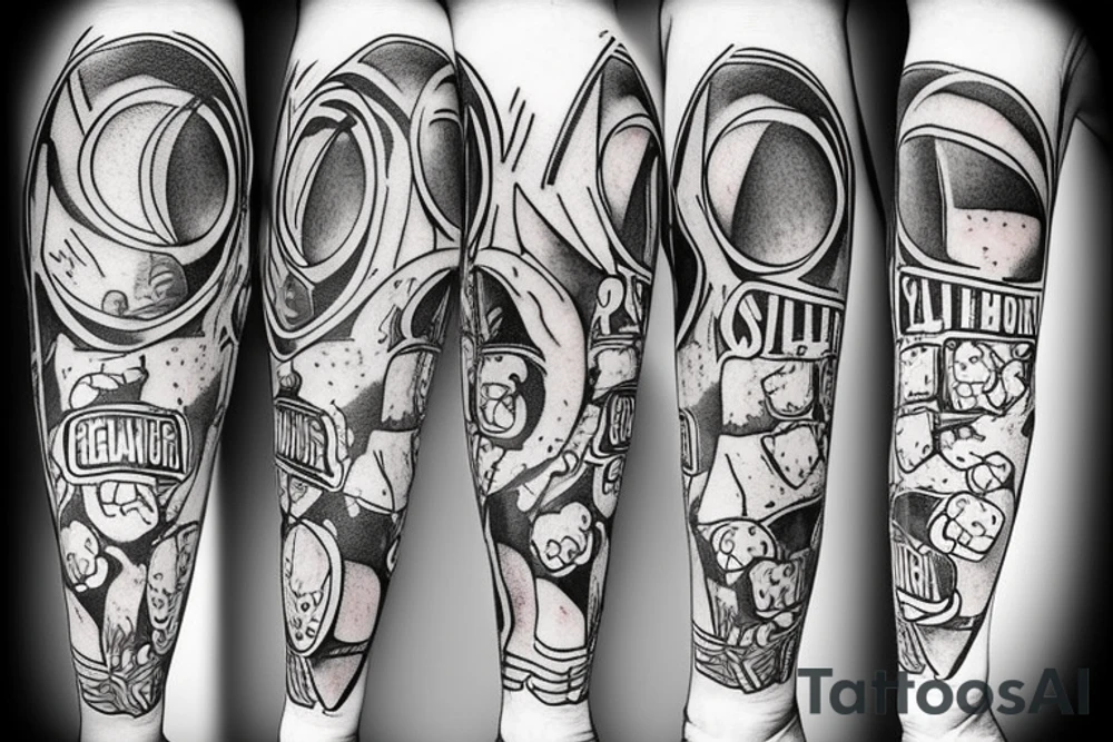 can of sprite with legs and hands eating popcorn tattoo idea
