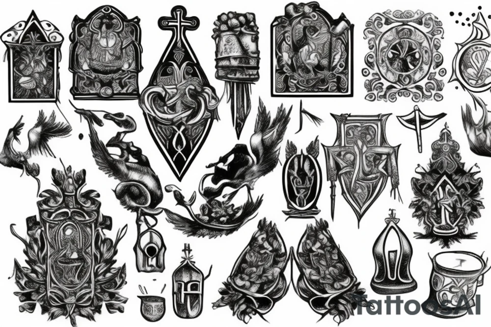 Small tattoo, medival engraving style, holy grail tattoo idea