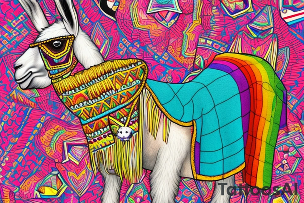 A llama with a bolivian poncho. The poncho has patterns of tacos, coffee beans and footballs colored in the argentinian flag colors. The llama also has a cuban cigar in it's mouth and a headrest resembling the Rio carnival on its head. tattoo idea