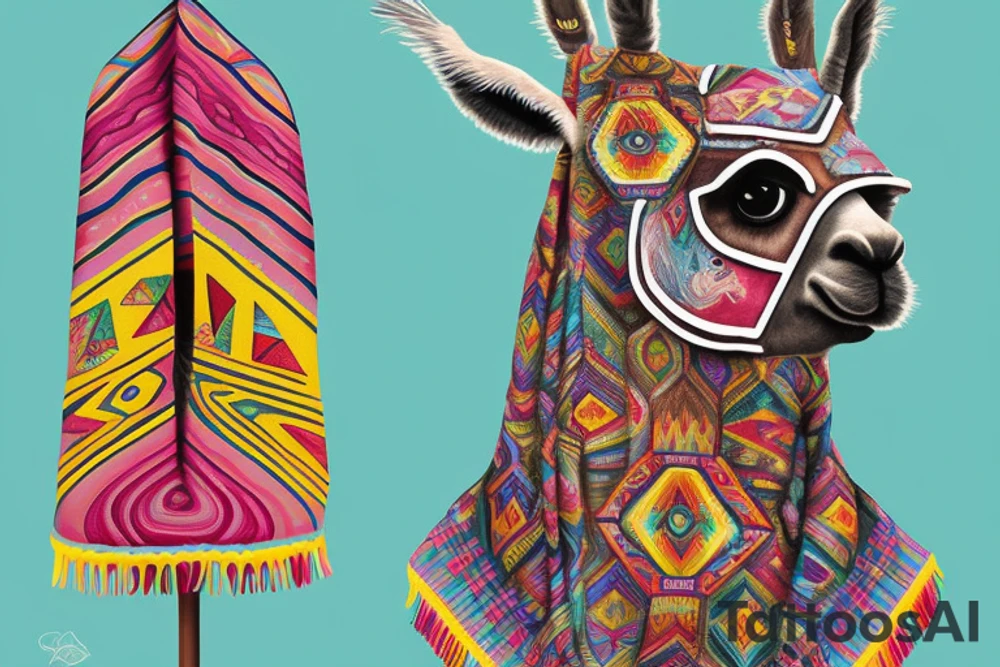 A llama with a bolivian poncho. The poncho has patterns of tacos, coffee beans and footballs colored in the argentinian flag colors. The llama also has a cuban cigar in it's mouth and a headrest resembling the Rio carnival on its head. tattoo idea