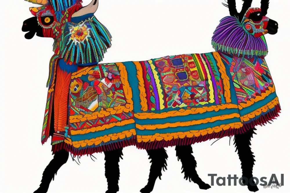 A llama with a bolivian poncho. The poncho has patterns of tacos, coffee beans and footballs colored in the argentinian flag colors. The llama also has a cuban cigar in it's mouth and a headrest resembling the Rio carnival on its head. tattoo idea