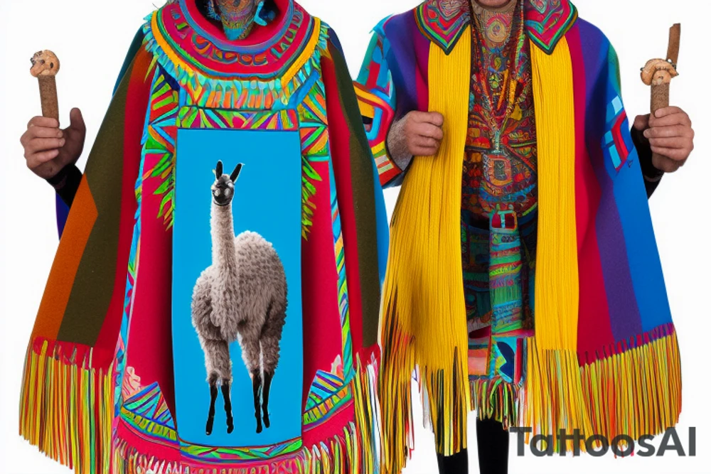 A llama with a bolivian poncho. The poncho has patterns of tacos, coffee beans and footballs colored in the argentinian flag colors. The llama also has a cuban cigar in it's mouth and a headrest resembling the Rio carnival on its head. tattoo idea