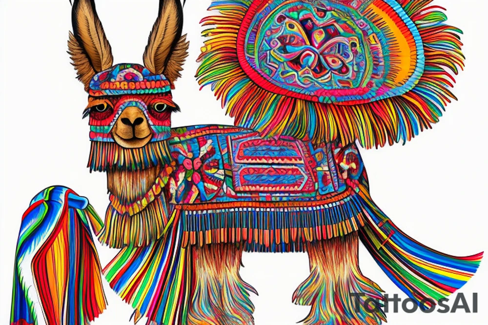 A llama with a bolivian poncho. The poncho has patterns of tacos, coffee beans and footballs colored in the argentinian flag colors. The llama also has a cuban cigar in it's mouth and a headrest resembling the Rio carnival on its head. tattoo idea