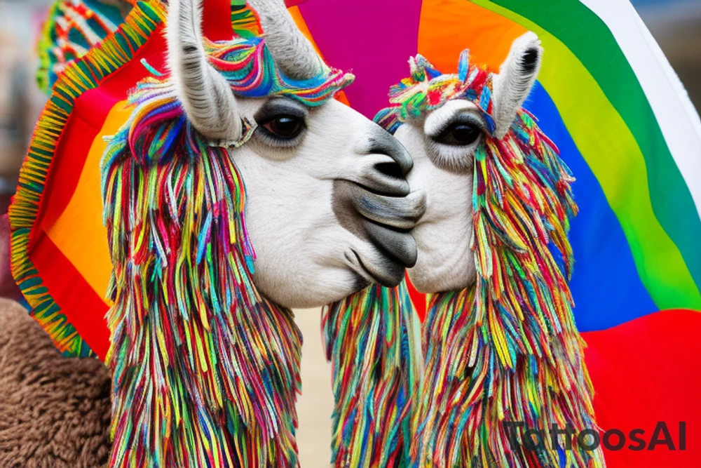 A llama with a bolivian poncho. The poncho has patterns of tacos, coffee beans and footballs colored in the argentinian flag colors. The llama also has a cuban cigar in it's mouth and a headrest resembling the Rio carnival on its head. tattoo idea