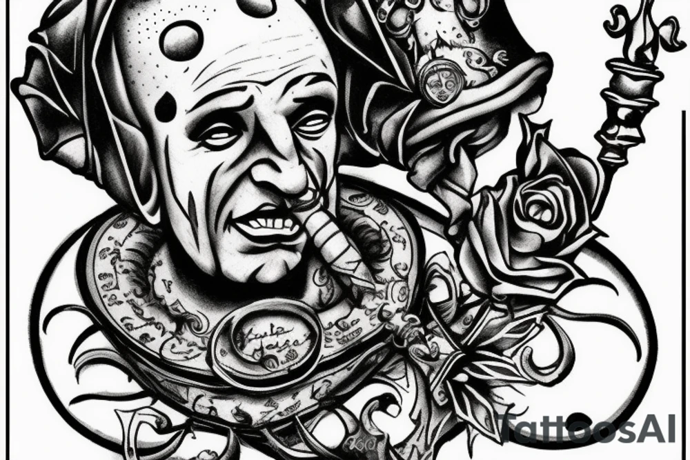 sad jester on royal throne tattoo idea