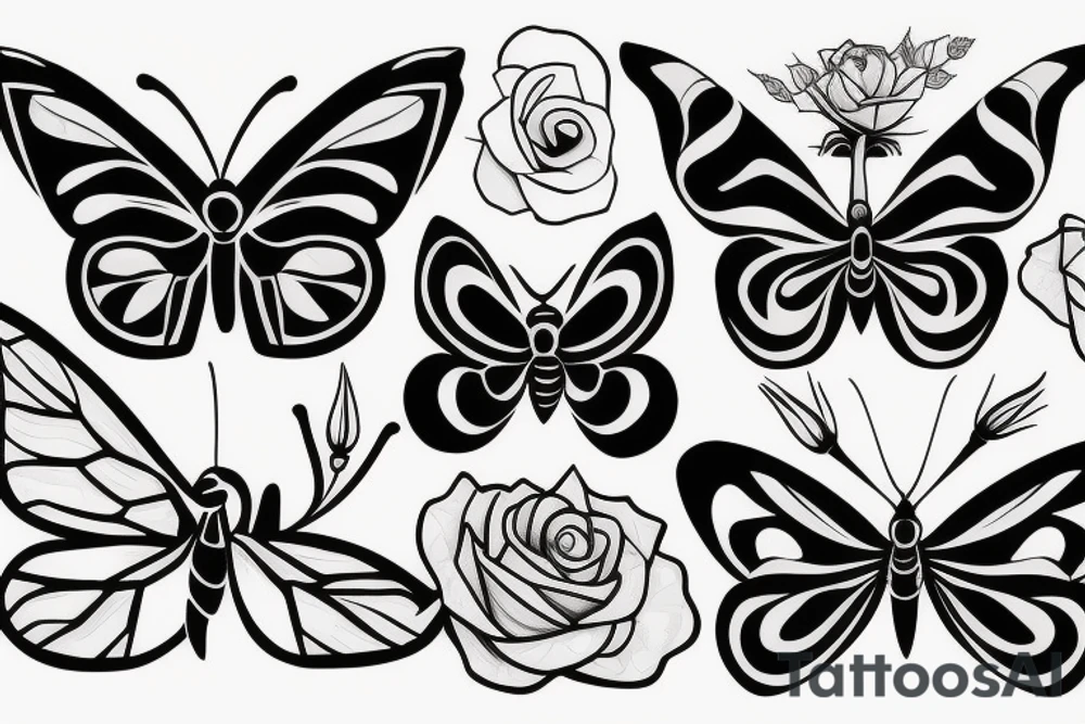 butterfly and art line and rose and dog tattoo idea