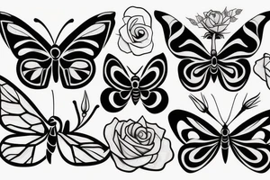 butterfly and art line and rose and dog tattoo idea