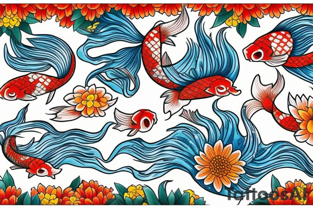 Koi fish swimming upstream with kitsune mask submerged in water next to chrysanthemum flower tattoo idea