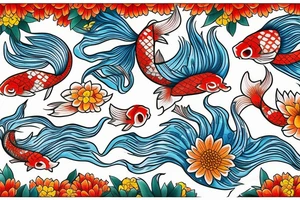 Koi fish swimming upstream with kitsune mask submerged in water next to chrysanthemum flower tattoo idea