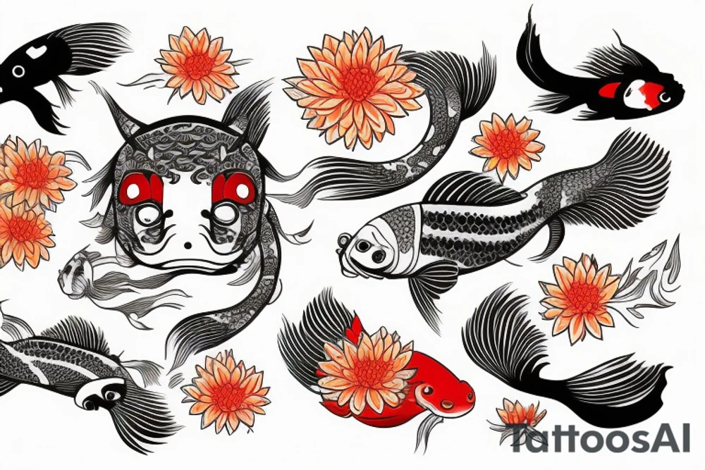 Koi fish swimming upstream with kitsune mask submerged in water next to chrysanthemum flower tattoo idea