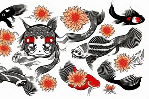 Koi fish swimming upstream with kitsune mask submerged in water next to chrysanthemum flower tattoo idea