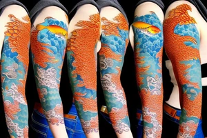 Koi fish swimming upstream with kitsune mask submerged in water next to chrysanthemum flower full sleeve tattoo idea