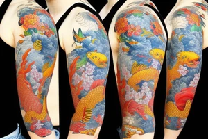 Koi fish swimming upstream with kitsune mask submerged in water next to chrysanthemum flower full sleeve tattoo idea