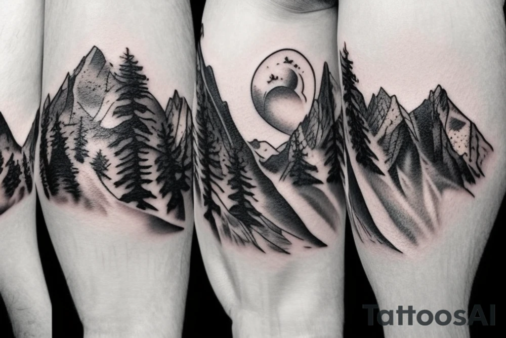 mountain, forest, wolf, mountain goat, mountain walk, couple, water, wildlife tattoo idea