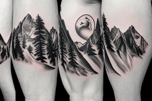 mountain, forest, wolf, mountain goat, mountain walk, couple, water, wildlife tattoo idea