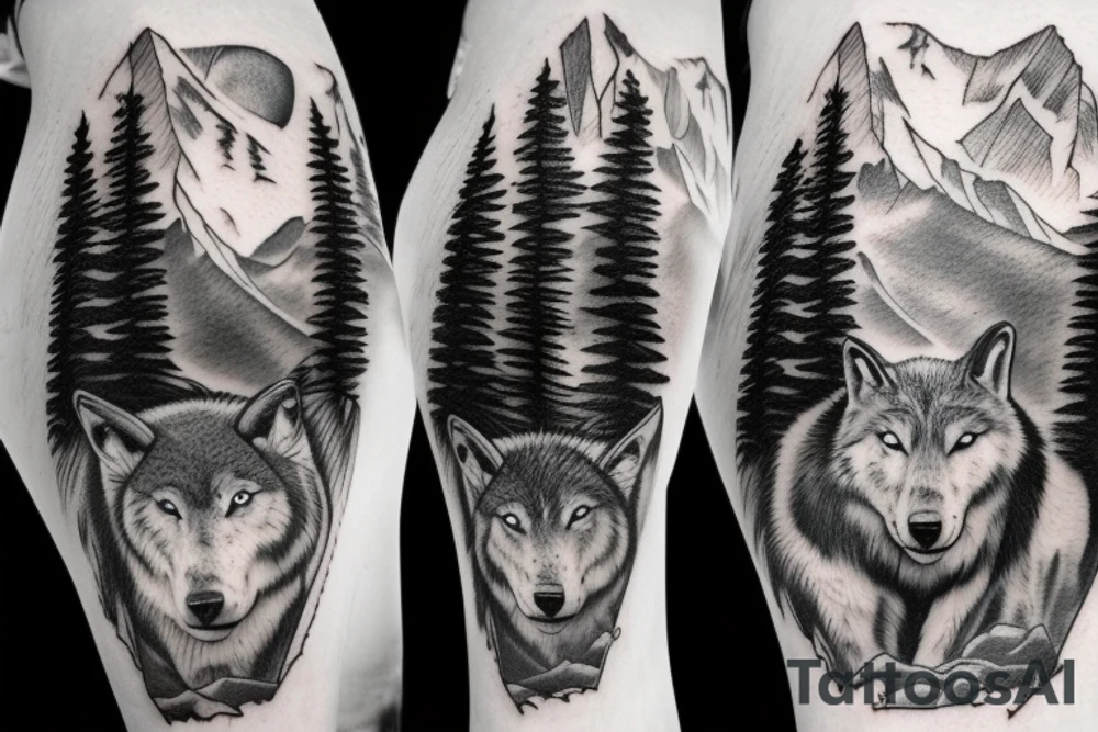 mountain, forest, wolf, mountain goat, mountain walk, couple, water, wildlife tattoo idea