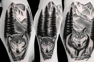 mountain, forest, wolf, mountain goat, mountain walk, couple, water, wildlife tattoo idea