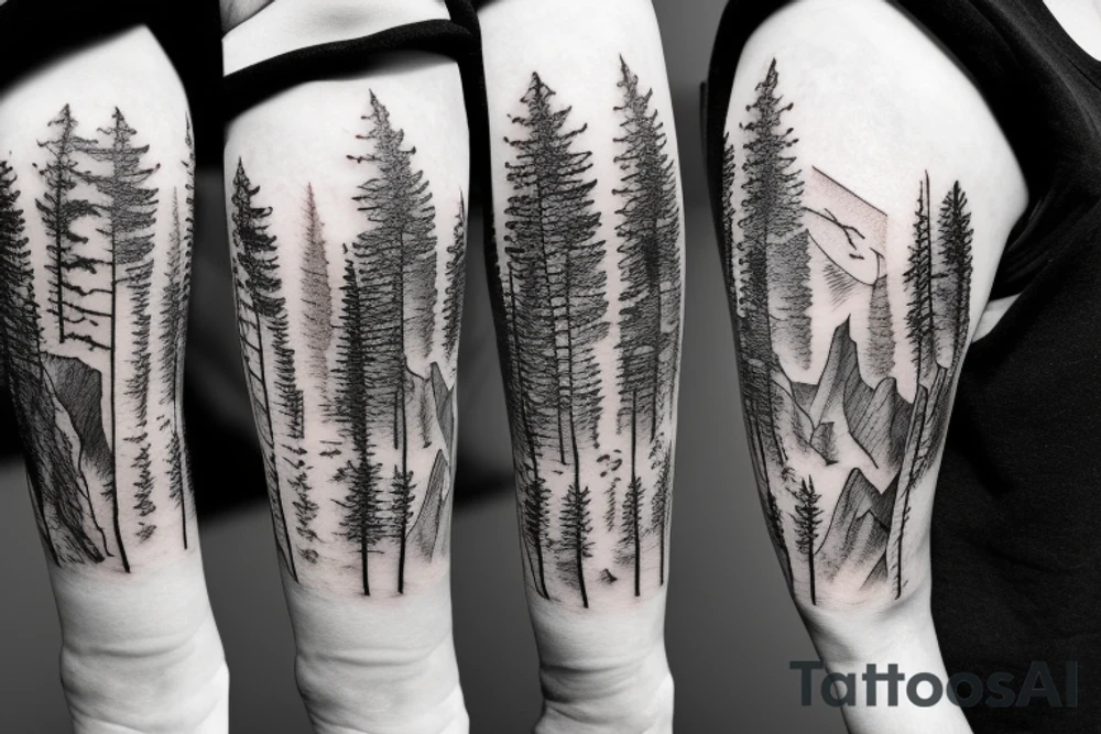 mountain, forest, wolf, mountain goat, mountain walk, couple, water, wildlife tattoo idea