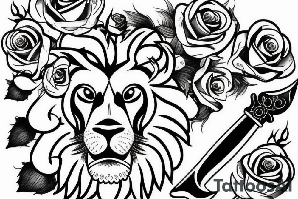 Lion face with swords and roses tattoo idea