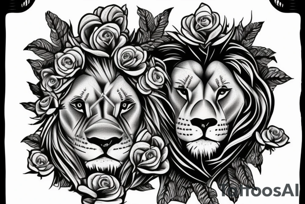 Lion face with swords and roses tattoo idea