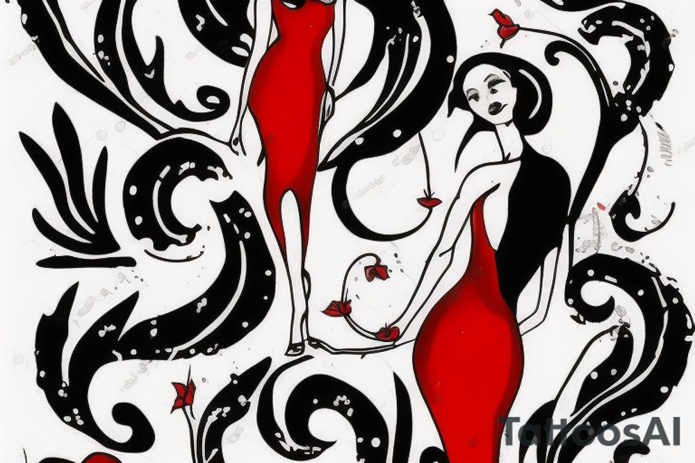woman in red dress tattoo idea