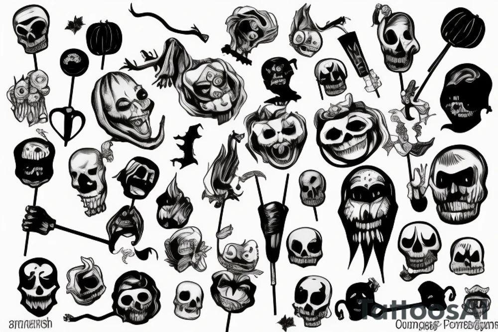 Scary guy holding pumpkin lollipop tattoo idea