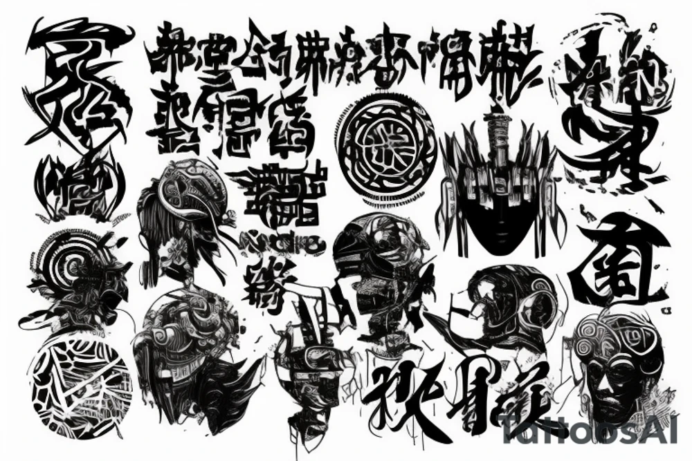 Cyberpunk, tribal, Japanese writing tattoo idea