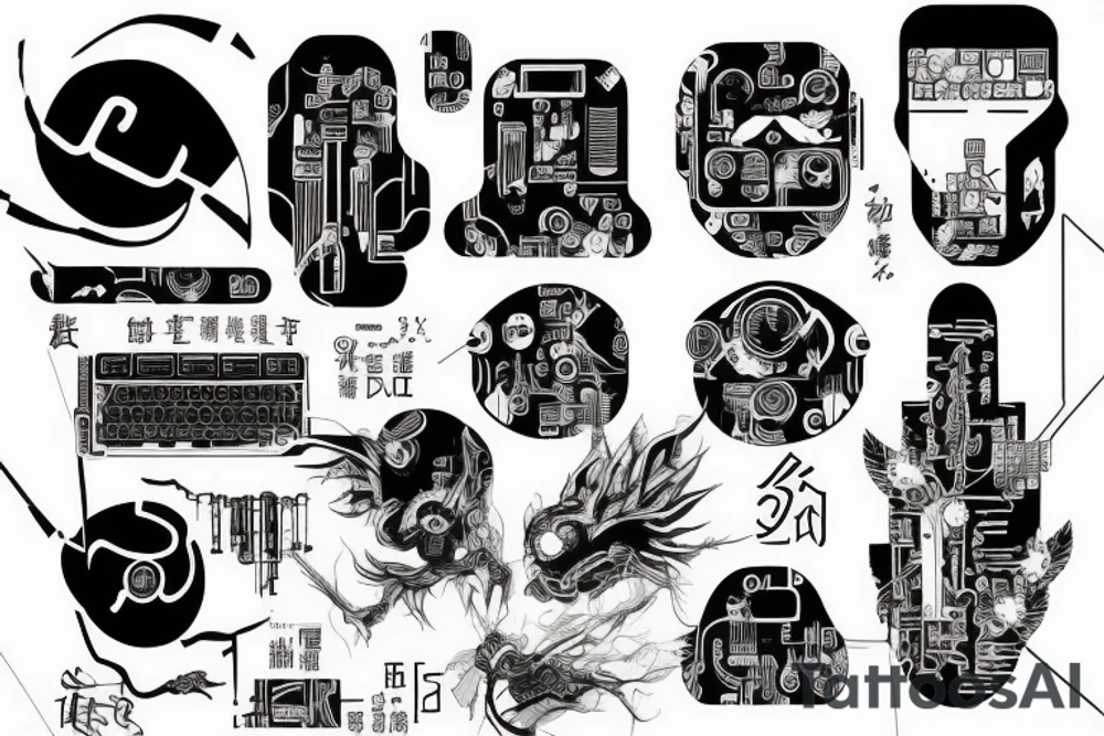 Cyberpunk, Japanese writing, circuit board tattoo idea