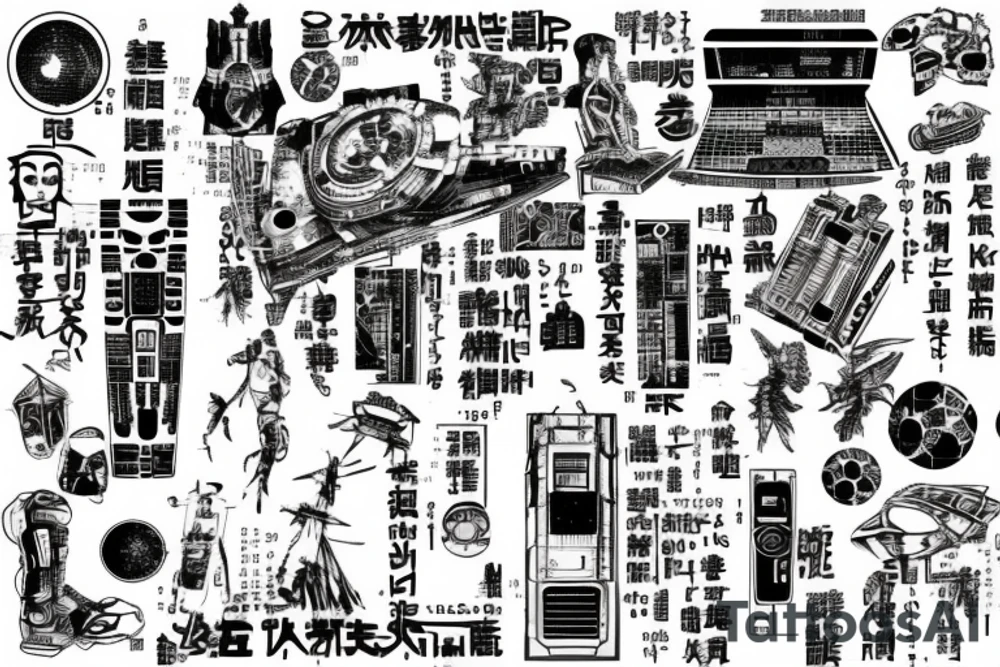 Cyberpunk, Japanese writing, circuit board, deathstar tattoo idea