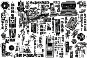 Cyberpunk, Japanese writing, circuit board, deathstar tattoo idea