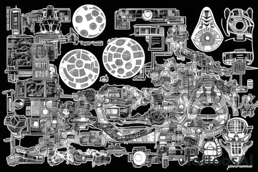 Cyberpunk, Japanese writing, circuit board, deathstar tattoo idea