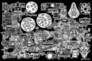 Cyberpunk, Japanese writing, circuit board, deathstar tattoo idea