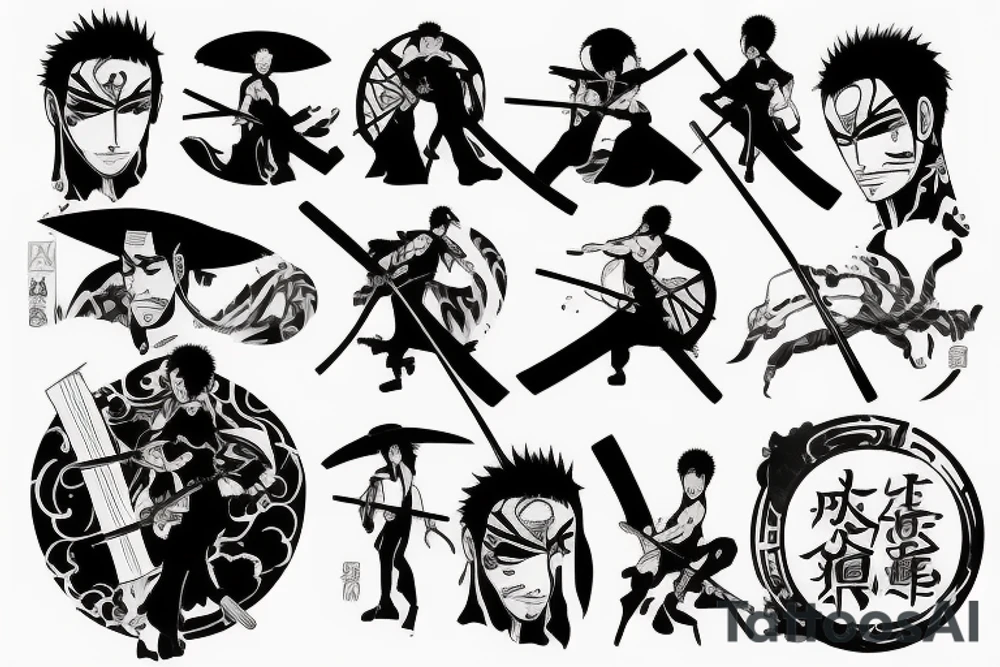 roronoa zoro with 3 swords tattoo idea