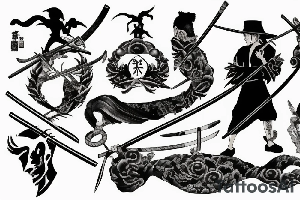 roronoa zoro with 3 swords tattoo idea