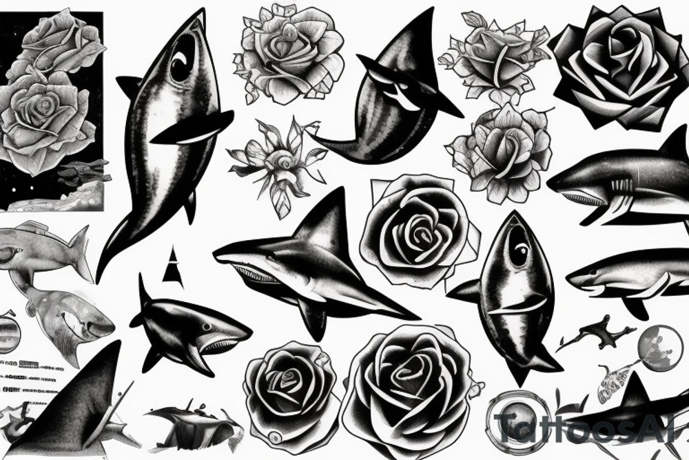 Shark, rose, solar system, greek statue tattoo idea