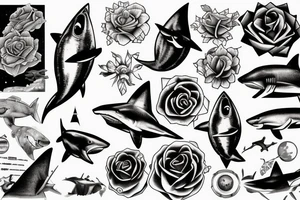 Shark, rose, solar system, greek statue tattoo idea