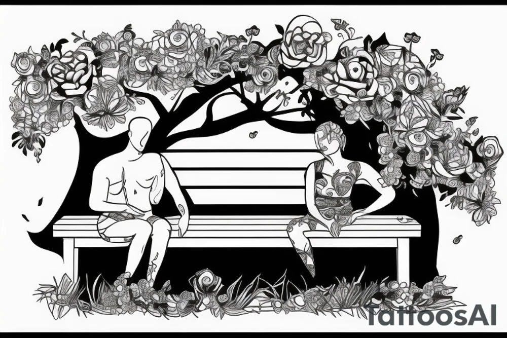 A bench with two people on, on a hill tattoo idea