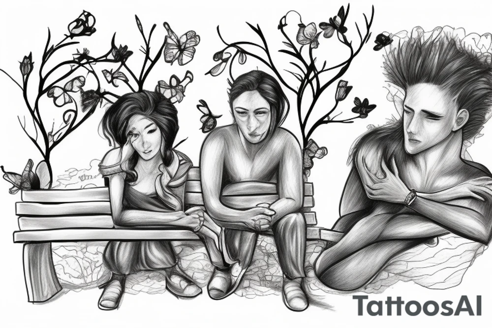 Two people on a bench on top of a hill tattoo idea