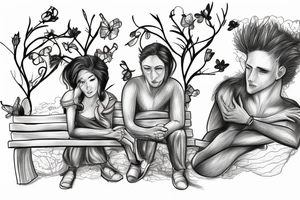 Two people on a bench on top of a hill tattoo idea