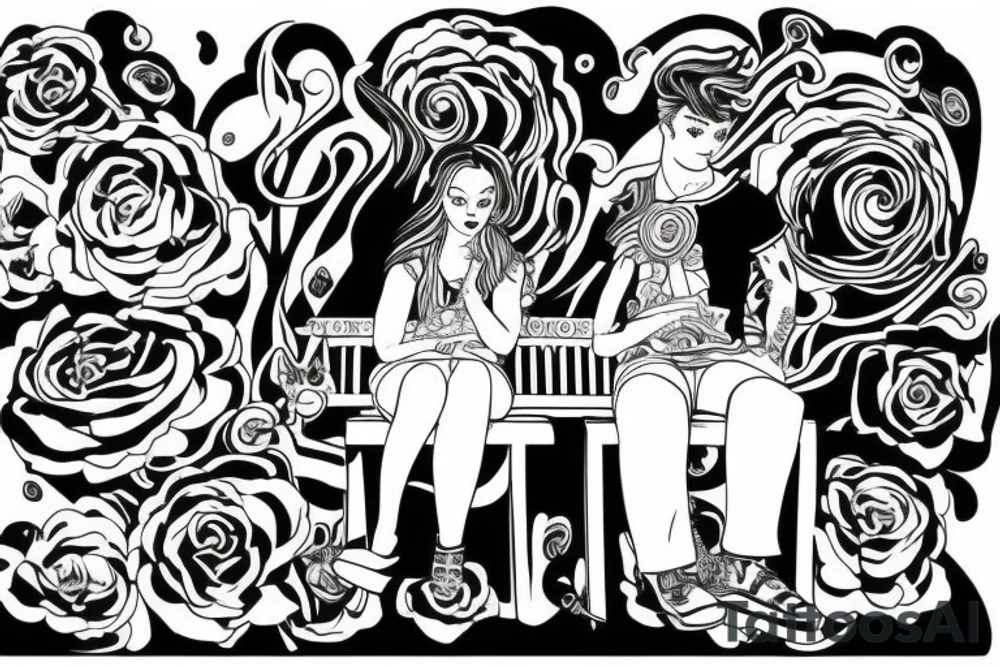 Two people on a bench on top of a hill tattoo idea