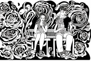 Two people on a bench on top of a hill tattoo idea