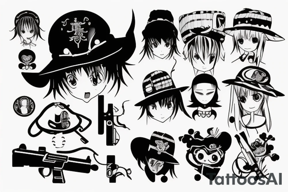 anime character with funny hat and gun tattoo idea