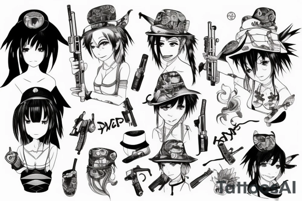 anime character with funny hat and gun sitting on a dragon tattoo idea