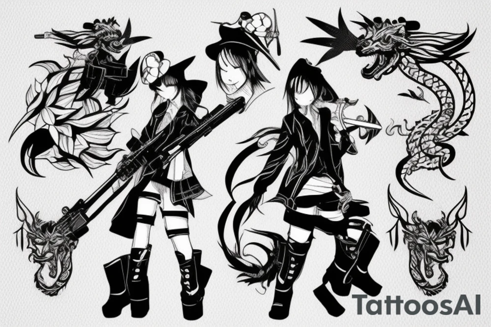 anime character with funny hat and gun sitting on a dragon tattoo idea