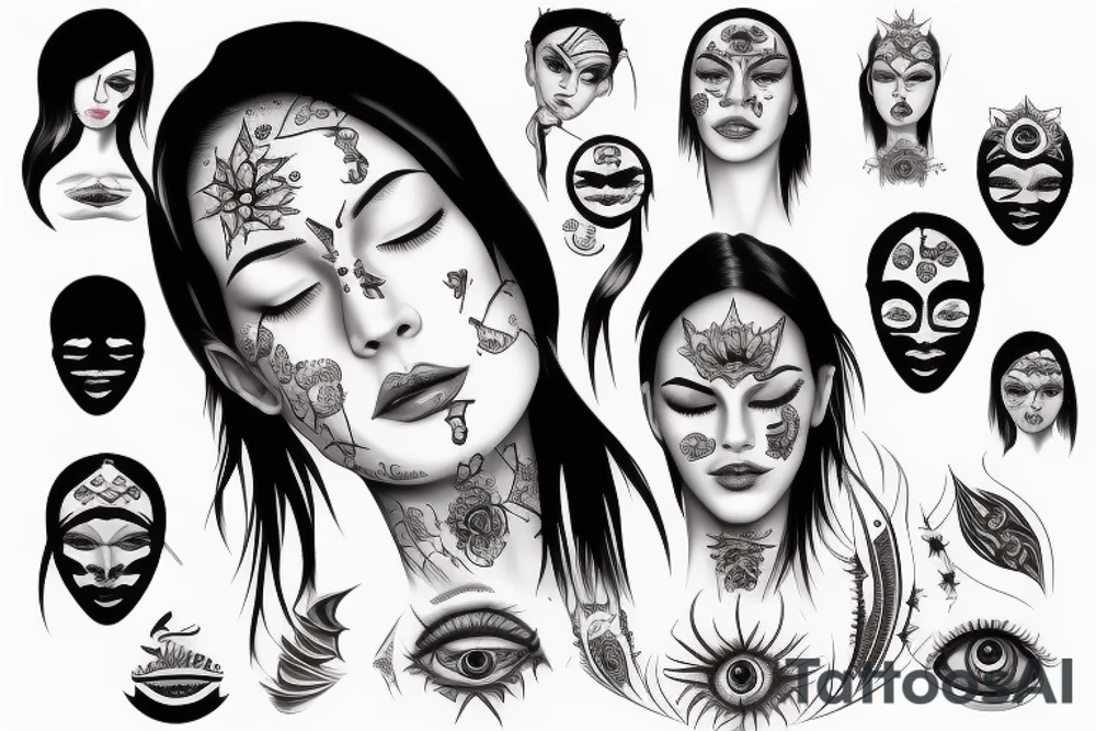 realistic woman with dark hair, eyes closed, third eye on her forehead tattoo idea
