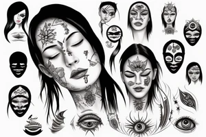 realistic woman with dark hair, eyes closed, third eye on her forehead tattoo idea