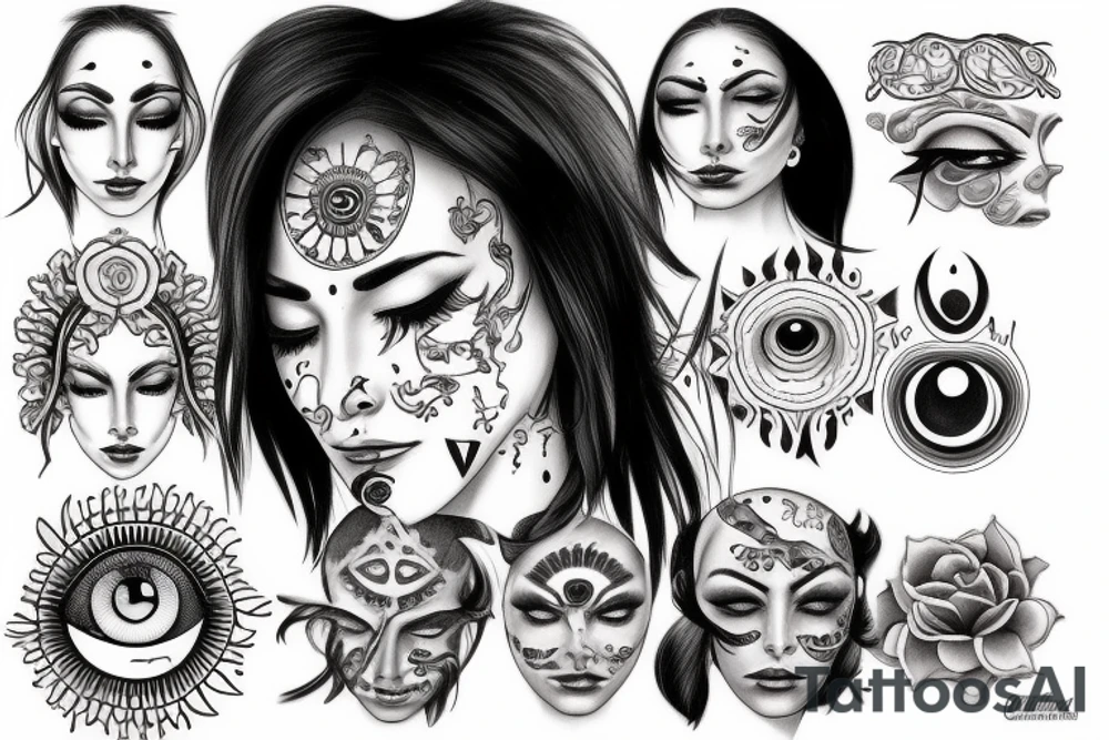 realistic woman with dark hair, eyes closed, third eye on her forehead tattoo idea