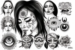 realistic woman with dark hair, eyes closed, third eye on her forehead tattoo idea